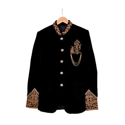 Indian Black Velvet Bandhgala Coat for Men, Royal Embroidered Wedding Sherwani Jacket, Designer Evening Blazer Pre-Owned