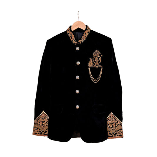 Indian Black Velvet Bandhgala Coat for Men, Royal Embroidered Wedding Sherwani Jacket, Designer Evening Blazer Pre-Owned