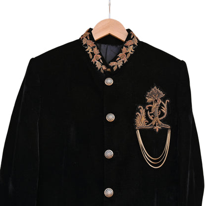 Indian Black Velvet Bandhgala Coat for Men, Royal Embroidered Wedding Sherwani Jacket, Designer Evening Blazer Pre-Owned