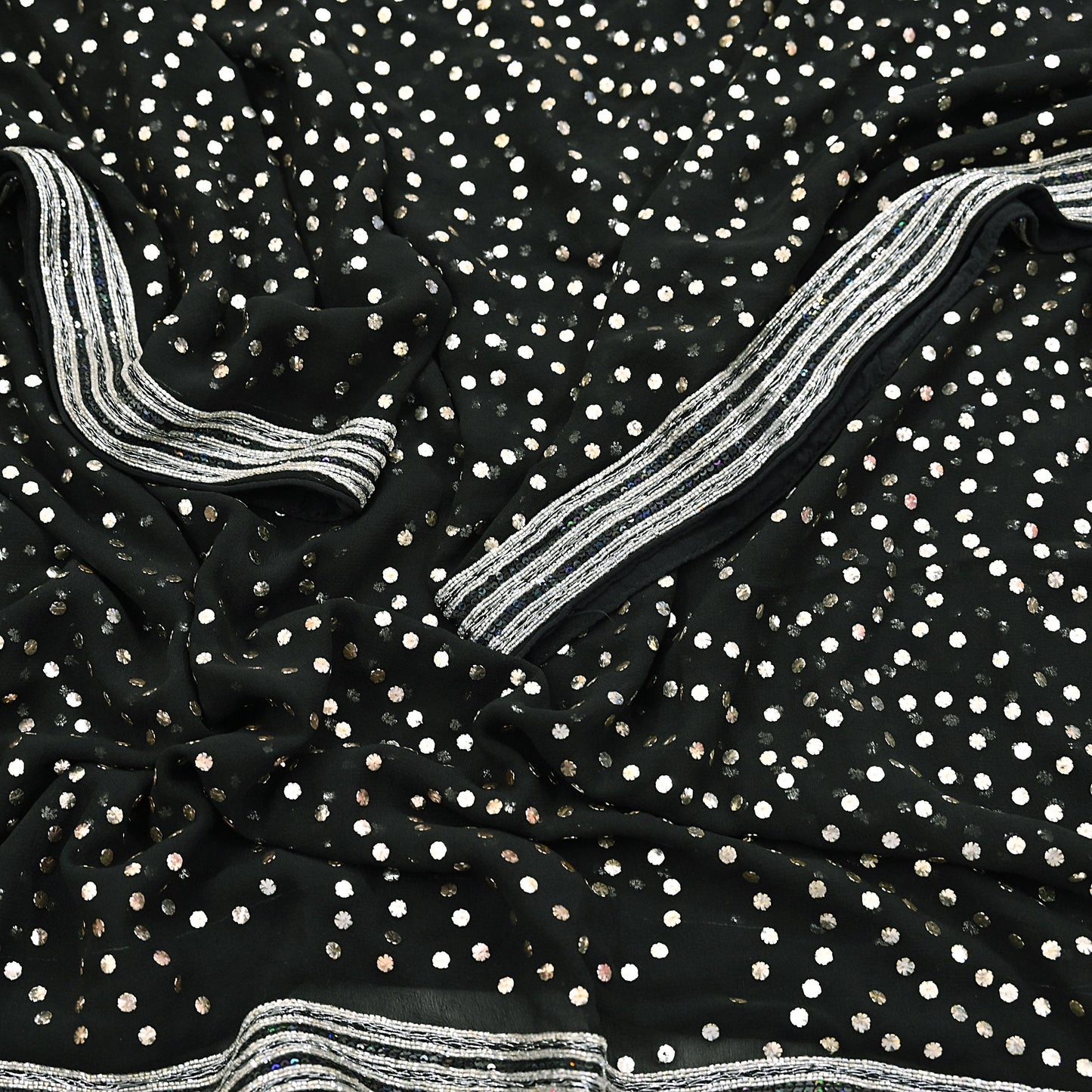 Indian Vintage Heavy Black Dupatta Pure Georgette silk Long Stole Hand Embroidered Mukesh Stole Scarf Scarves Veil