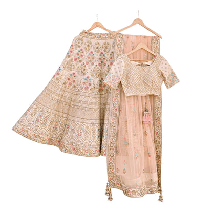 Pre-Owned Abu Jani Beige & Peach Raw Silk Bridal Lehenga 3pc Set, Hand Embroidered Couture Outfit, Designer Wedding Lehenga with Dupatta