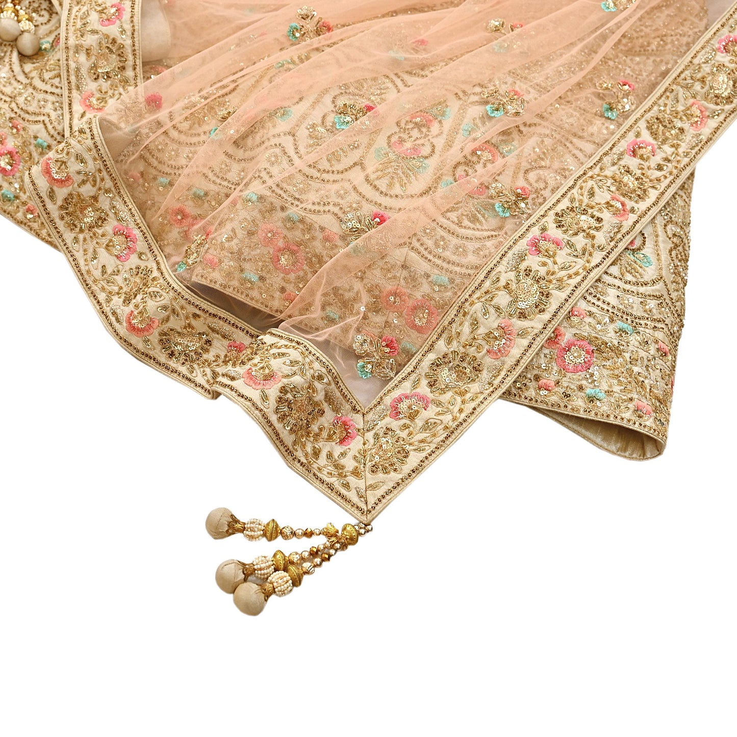 Pre-Owned Abu Jani Beige & Peach Raw Silk Bridal Lehenga 3pc Set, Hand Embroidered Couture Outfit, Designer Wedding Lehenga with Dupatta