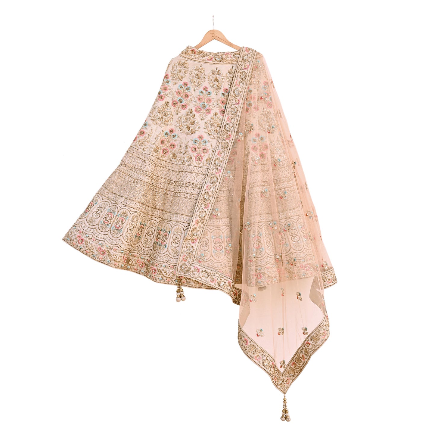 Pre-Owned Abu Jani Beige & Peach Raw Silk Bridal Lehenga 3pc Set, Hand Embroidered Couture Outfit, Designer Wedding Lehenga with Dupatta