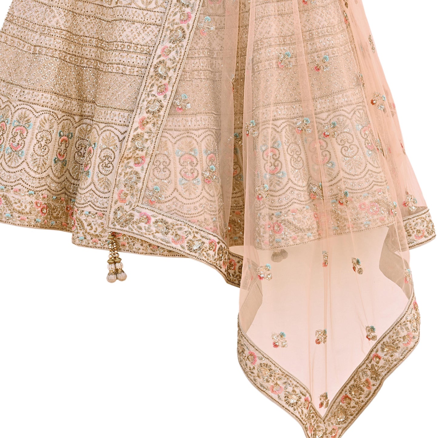 Pre-Owned Abu Jani Beige & Peach Raw Silk Bridal Lehenga 3pc Set, Hand Embroidered Couture Outfit, Designer Wedding Lehenga with Dupatta