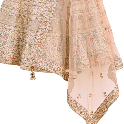Pre-Owned Abu Jani Beige & Peach Raw Silk Bridal Lehenga 3pc Set, Hand Embroidered Couture Outfit, Designer Wedding Lehenga with Dupatta