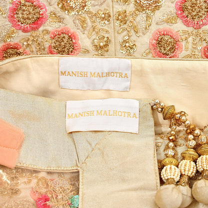 Pre-Owned Abu Jani Beige & Peach Raw Silk Bridal Lehenga 3pc Set, Hand Embroidered Couture Outfit, Designer Wedding Lehenga with Dupatta
