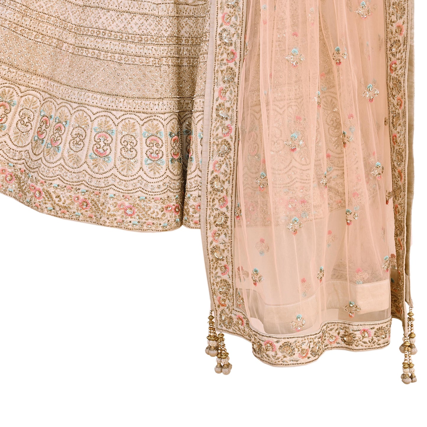 Pre-Owned Abu Jani Beige & Peach Raw Silk Bridal Lehenga 3pc Set, Hand Embroidered Couture Outfit, Designer Wedding Lehenga with Dupatta