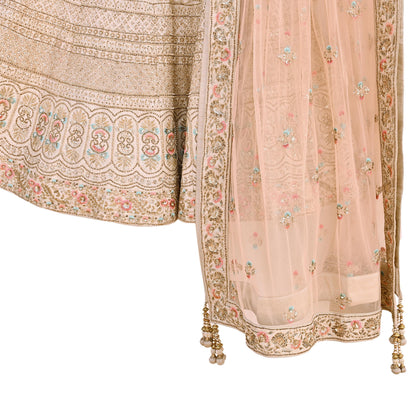 Pre-Owned Abu Jani Beige & Peach Raw Silk Bridal Lehenga 3pc Set, Hand Embroidered Couture Outfit, Designer Wedding Lehenga with Dupatta