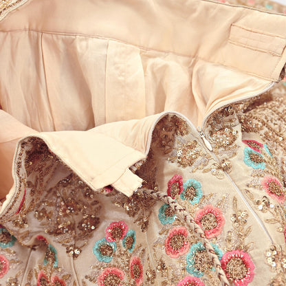 Pre-Owned Abu Jani Beige & Peach Raw Silk Bridal Lehenga 3pc Set, Hand Embroidered Couture Outfit, Designer Wedding Lehenga with Dupatta