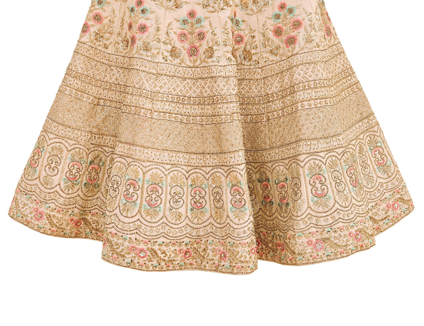 Pre-Owned Abu Jani Beige & Peach Raw Silk Bridal Lehenga 3pc Set, Hand Embroidered Couture Outfit, Designer Wedding Lehenga with Dupatta