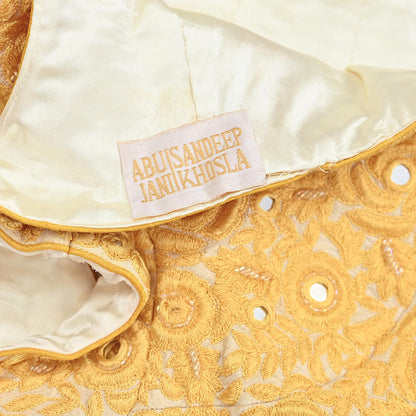Indian Pre-owned Yellow & Ivory Raw Silk Hand Embroidered By Designer Abu Jani Blouse/Top/Crop 34 M Size Party wear Bollywood