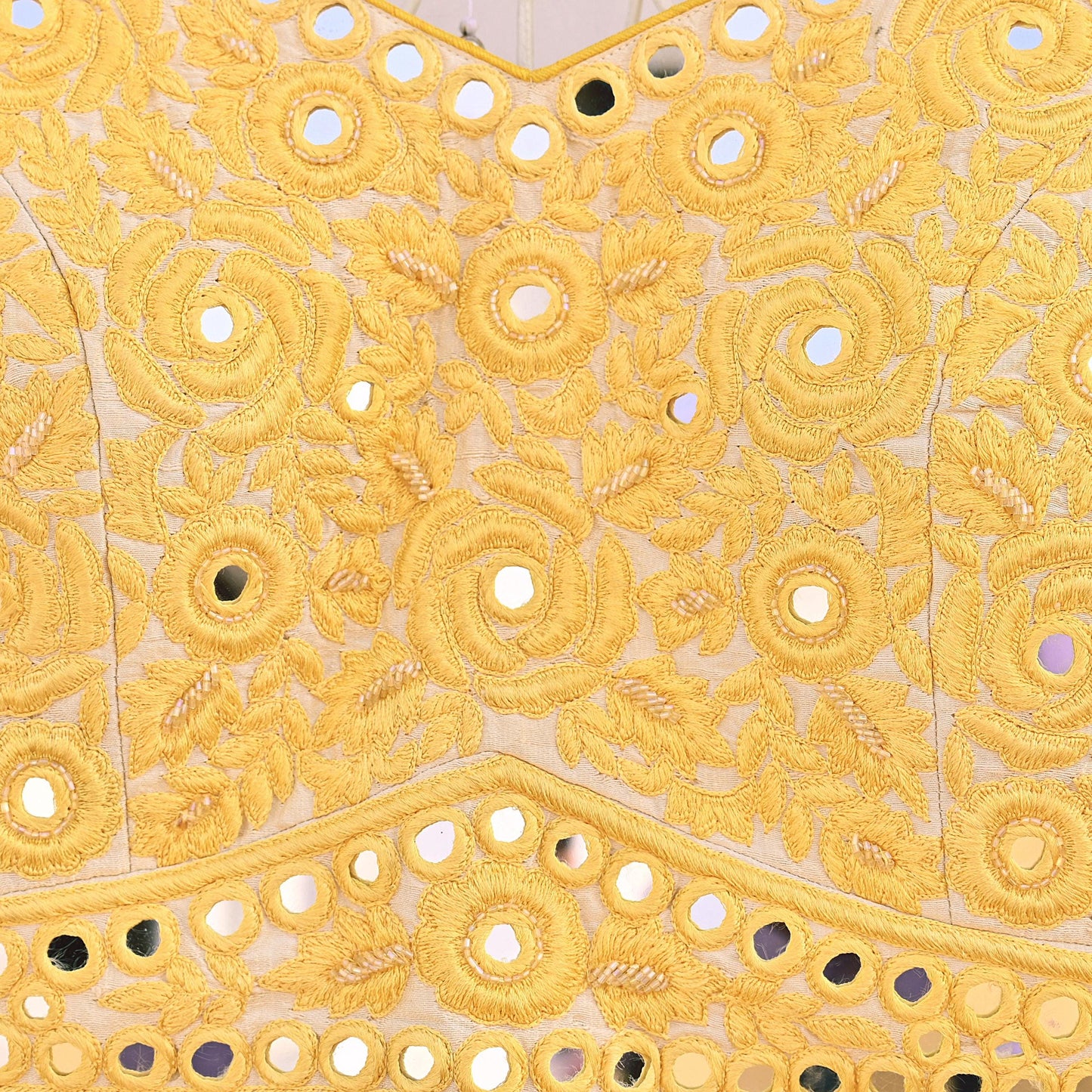 Indian Pre-owned Yellow & Ivory Raw Silk Hand Embroidered By Designer Abu Jani Blouse/Top/Crop 34 M Size Party wear Bollywood