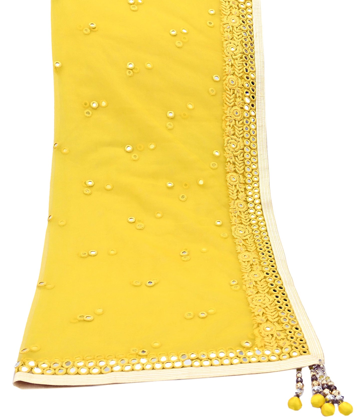 Indian Designer Abu Jani Dupatta Yellow Net Mesh Hand Embroidered Mirror Bridal Veil Preowned Heavy Scarf