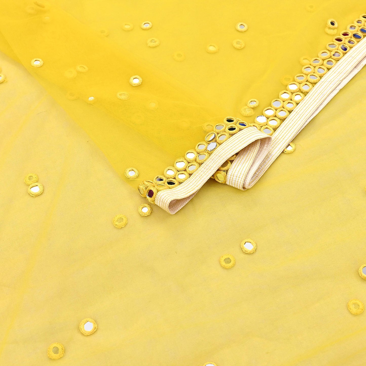 Indian Designer Abu Jani Dupatta Yellow Net Mesh Hand Embroidered Mirror Bridal Veil Preowned Heavy Scarf