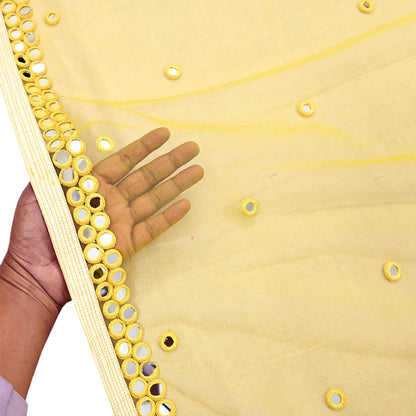 Indian Designer Abu Jani Dupatta Yellow Net Mesh Hand Embroidered Mirror Bridal Veil Preowned Heavy Scarf
