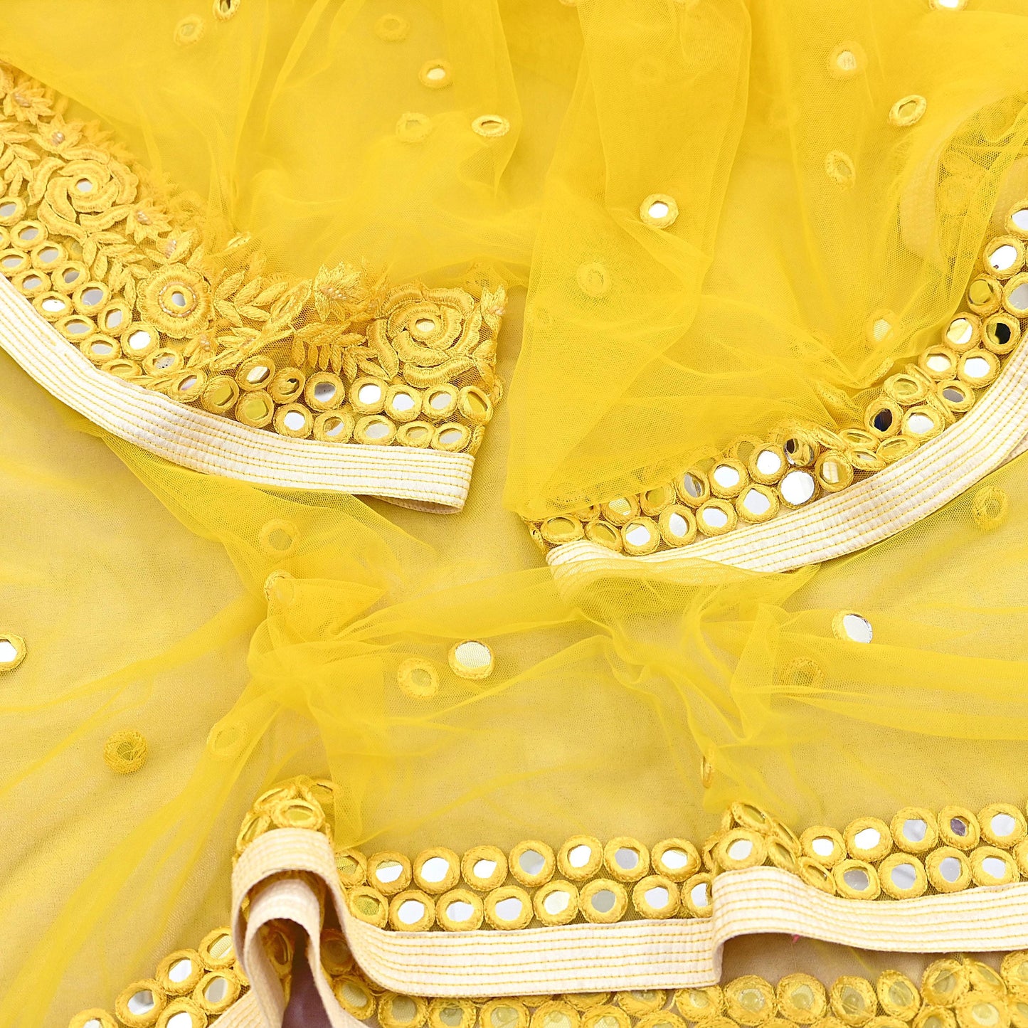 Indian Designer Abu Jani Dupatta Yellow Net Mesh Hand Embroidered Mirror Bridal Veil Preowned Heavy Scarf