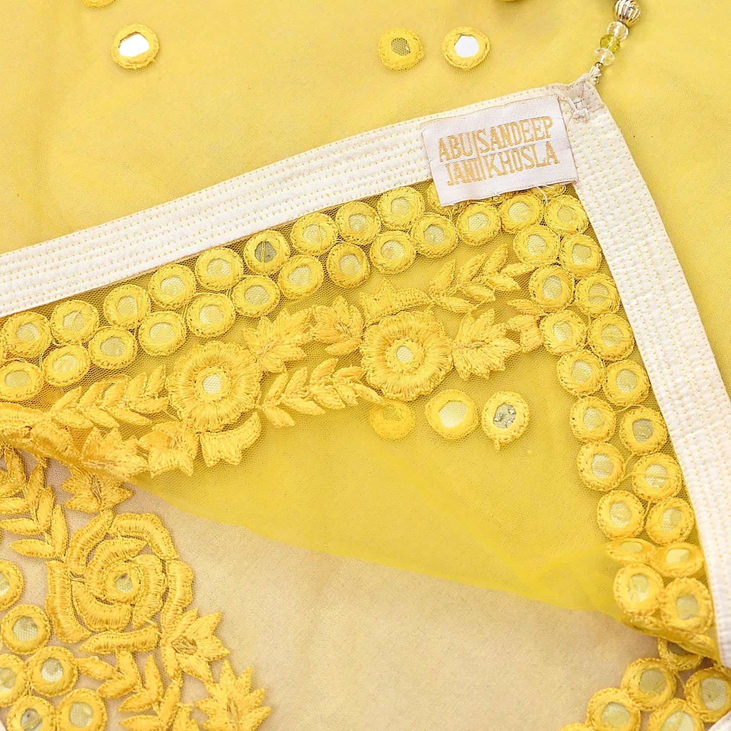 Indian Designer Abu Jani Dupatta Yellow Net Mesh Hand Embroidered Mirror Bridal Veil Preowned Heavy Scarf