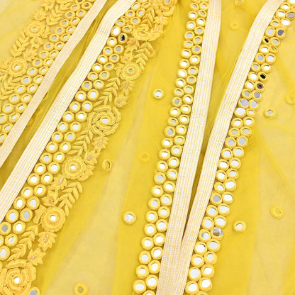 Indian Designer Abu Jani Dupatta Yellow Net Mesh Hand Embroidered Mirror Bridal Veil Preowned Heavy Scarf