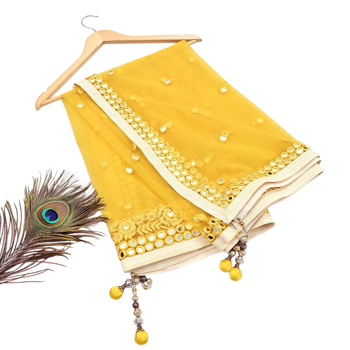Indian Designer Abu Jani Dupatta Yellow Net Mesh Hand Embroidered Mirror Bridal Veil Preowned Heavy Scarf