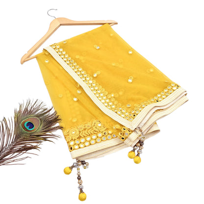 Indian Designer Abu Jani Dupatta Yellow Net Mesh Hand Embroidered Mirror Bridal Veil Preowned Heavy Scarf