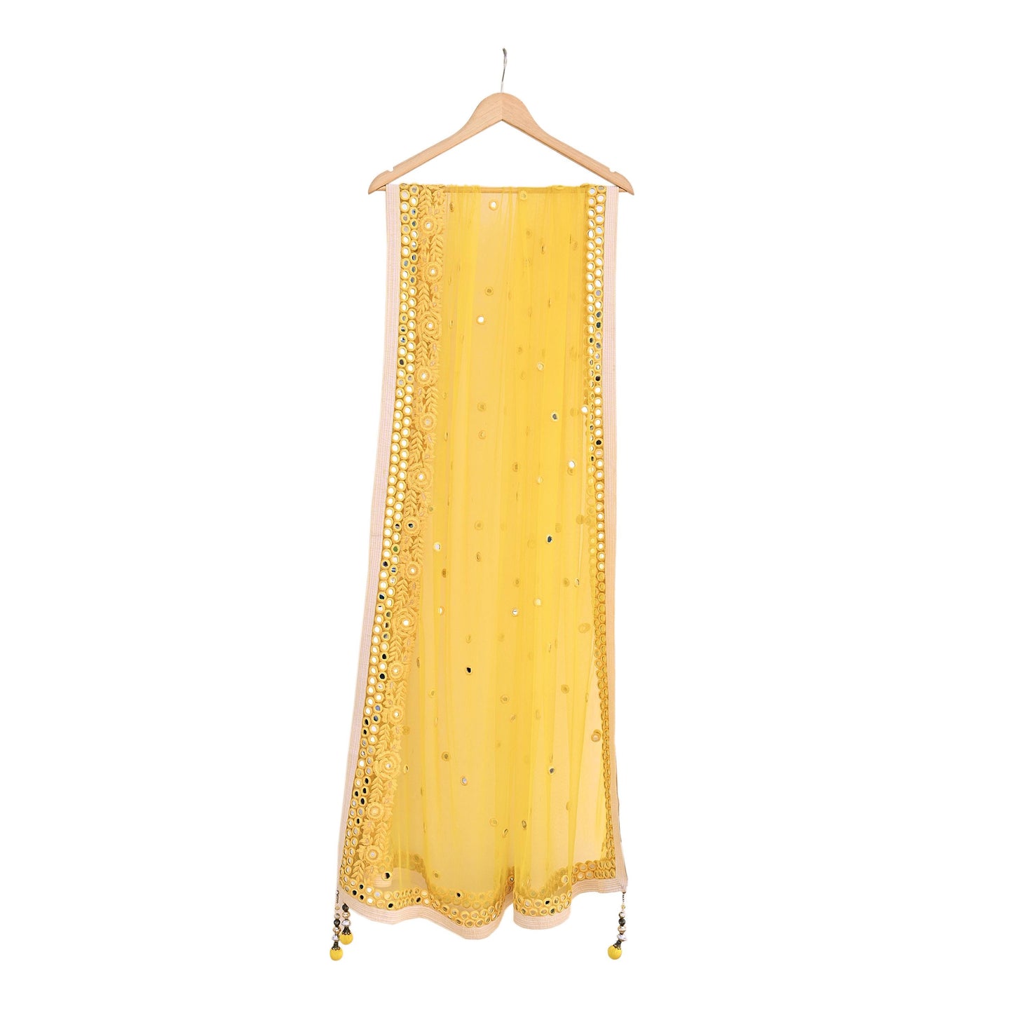 Indian Designer Abu Jani Dupatta Yellow Net Mesh Hand Embroidered Mirror Bridal Veil Preowned Heavy Scarf
