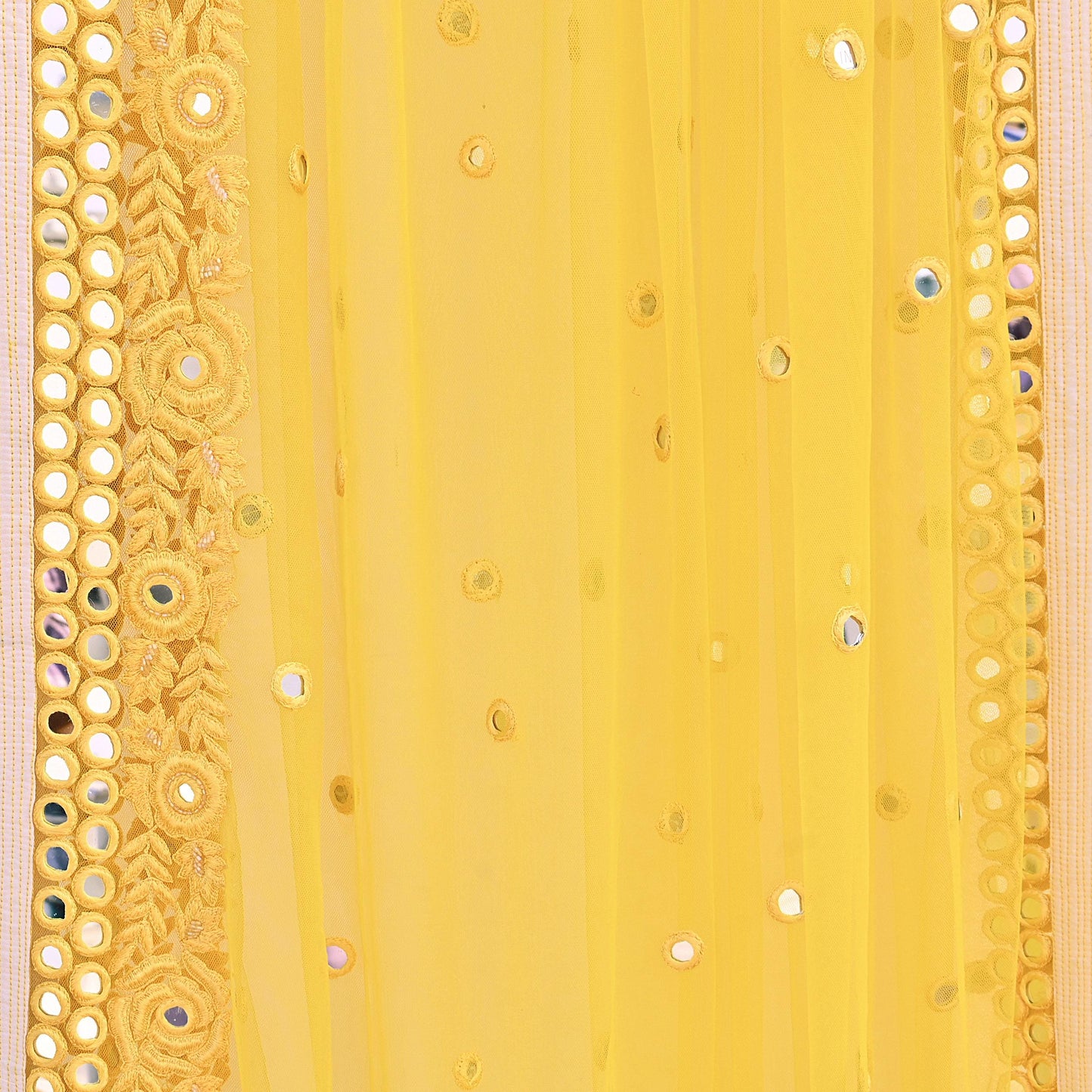 Indian Designer Abu Jani Dupatta Yellow Net Mesh Hand Embroidered Mirror Bridal Veil Preowned Heavy Scarf