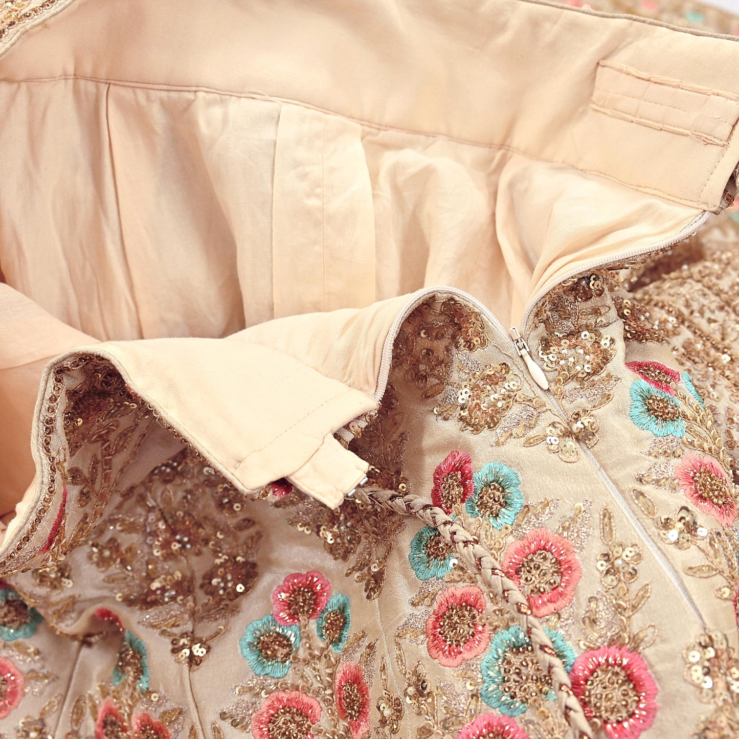 Pre-Owned Abu Jani Beige Raw Silk Skirt, Hand Embroidered Couture Lehenga, Designer Indian Wedding Outfit, Festive Luxury Wear