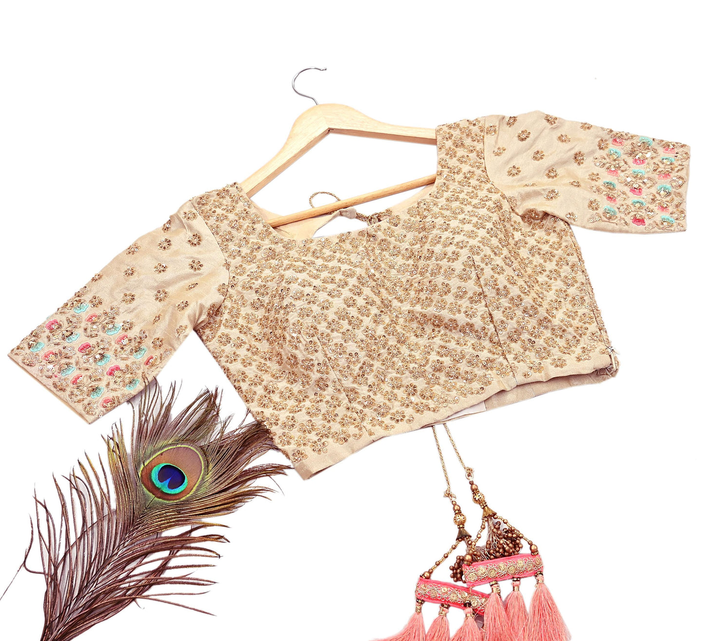 Indian Pre-owned Beige Raw Silk Hand Embroidered By Designer Abu Jani Blouse/Top/Crop 34 M Size Party wear Bollywood