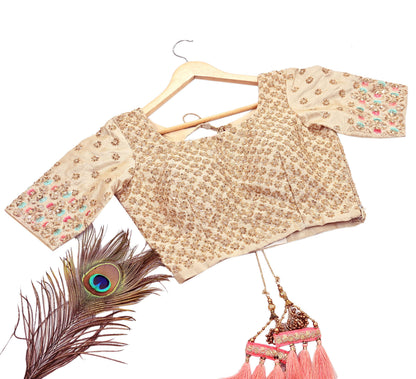 Indian Pre-owned Beige Raw Silk Hand Embroidered By Designer Abu Jani Blouse/Top/Crop 34 M Size Party wear Bollywood