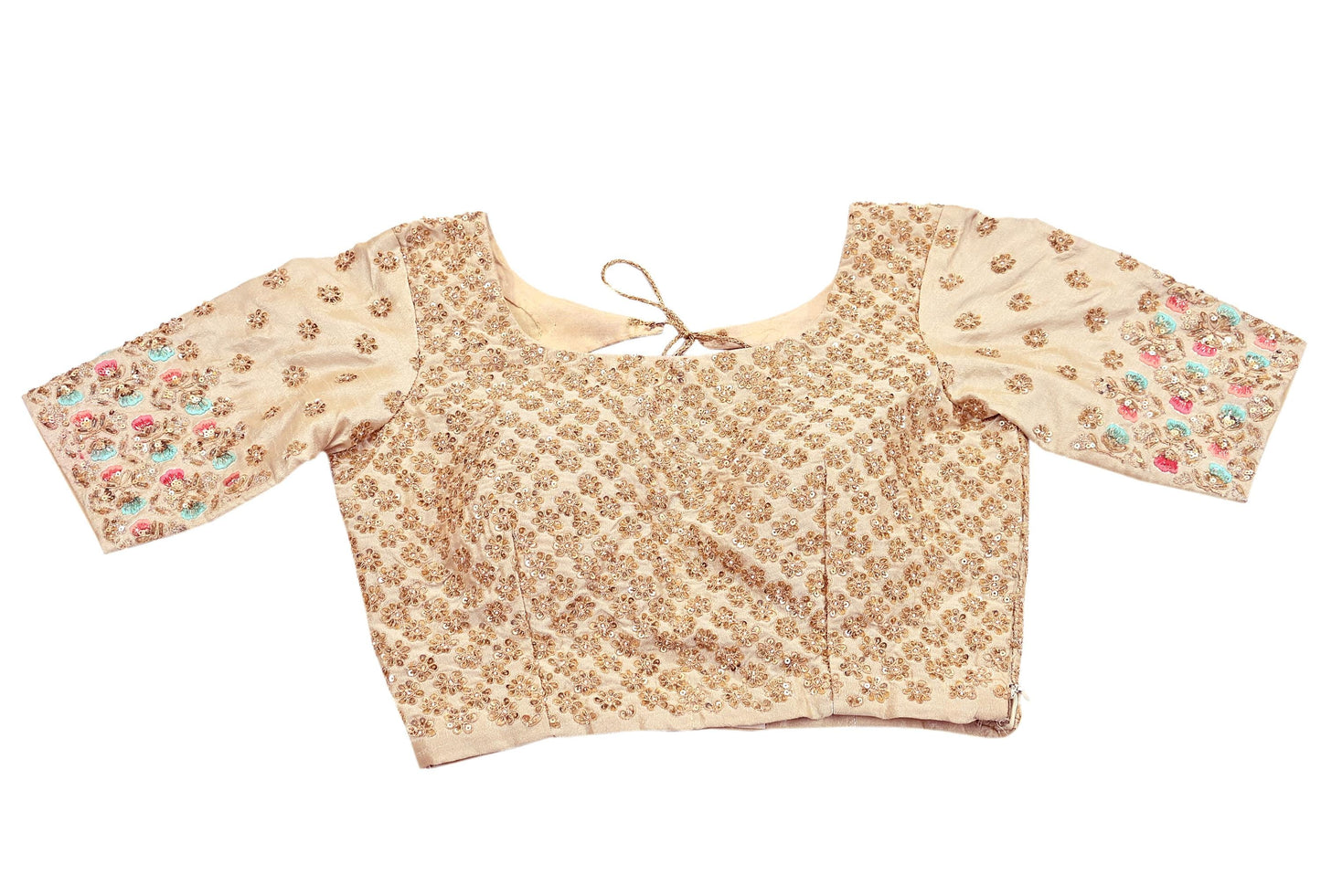 Indian Pre-owned Beige Raw Silk Hand Embroidered By Designer Abu Jani Blouse/Top/Crop 34 M Size Party wear Bollywood