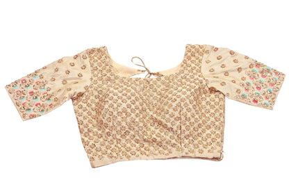 Indian Pre-owned Beige Raw Silk Hand Embroidered By Designer Abu Jani Blouse/Top/Crop 34 M Size Party wear Bollywood