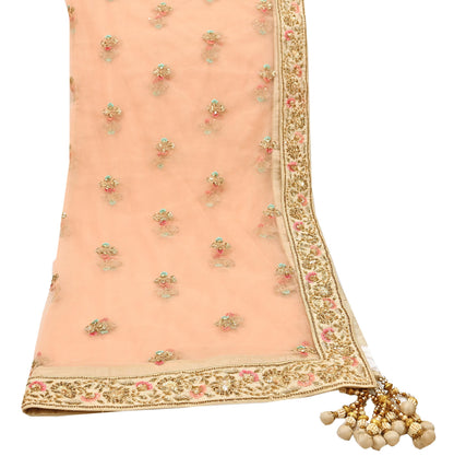 Indian Designer Abu Jani Dupatta Peach Net Mesh Hand Embroidered Mirror Bridal Veil Preowned Heavy Scarf