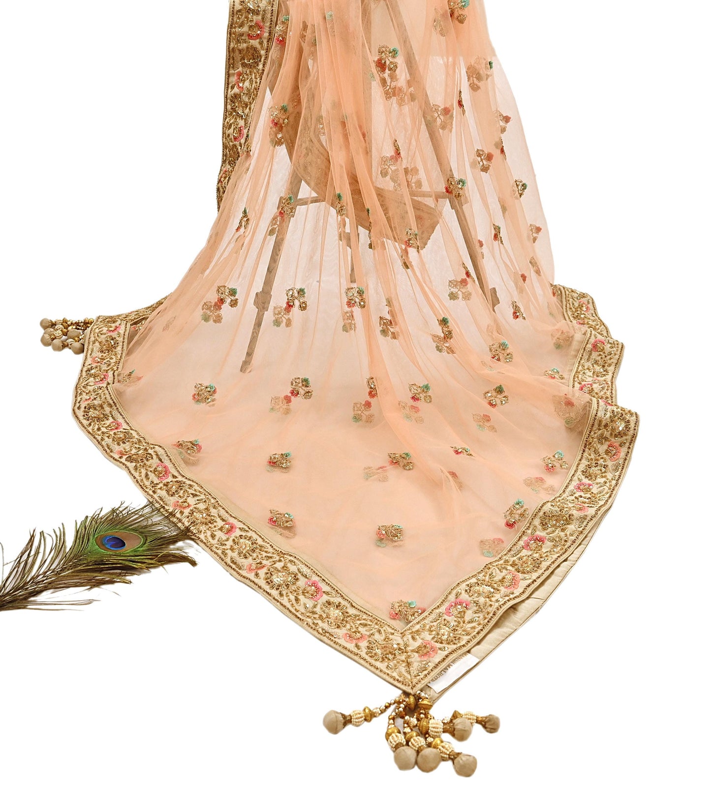 Indian Designer Abu Jani Dupatta Peach Net Mesh Hand Embroidered Mirror Bridal Veil Preowned Heavy Scarf