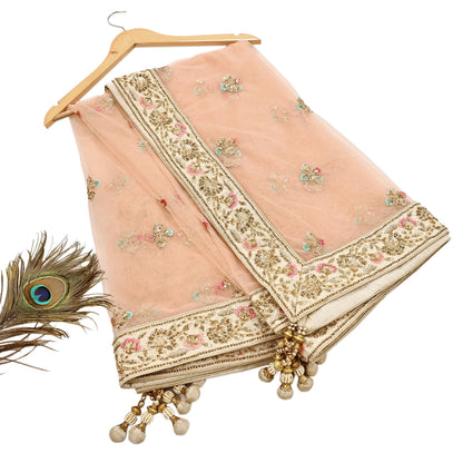 Indian Designer Abu Jani Dupatta Peach Net Mesh Hand Embroidered Mirror Bridal Veil Preowned Heavy Scarf