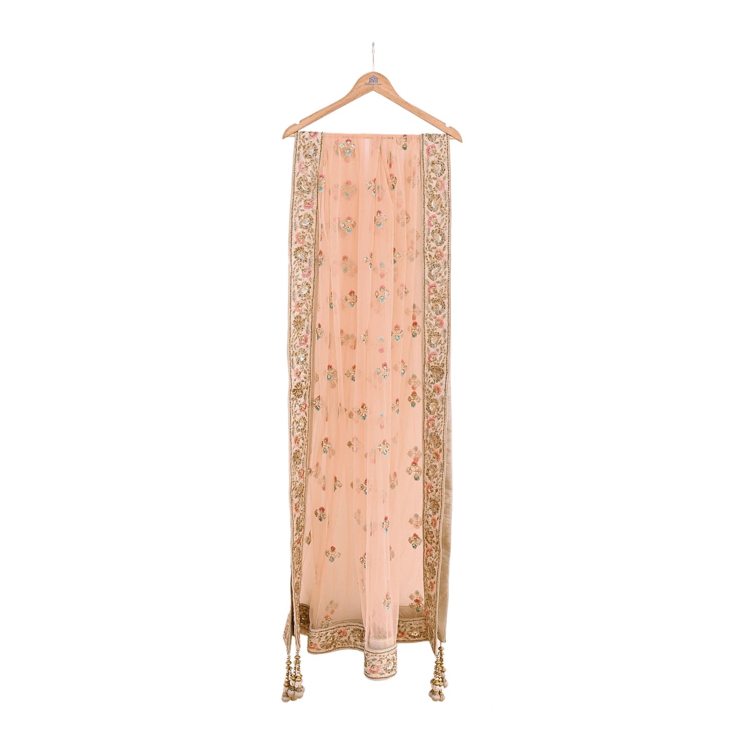 Indian Designer Abu Jani Dupatta Peach Net Mesh Hand Embroidered Mirror Bridal Veil Preowned Heavy Scarf
