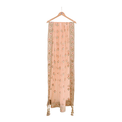 Indian Designer Abu Jani Dupatta Peach Net Mesh Hand Embroidered Mirror Bridal Veil Preowned Heavy Scarf