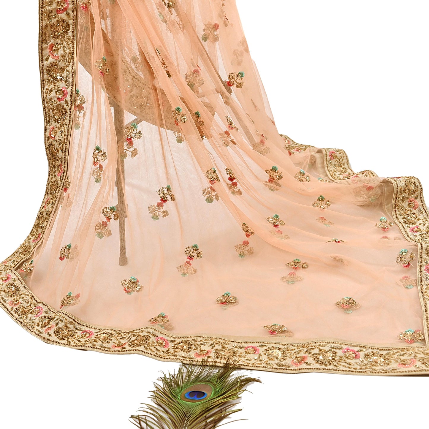 Indian Designer Abu Jani Dupatta Peach Net Mesh Hand Embroidered Mirror Bridal Veil Preowned Heavy Scarf