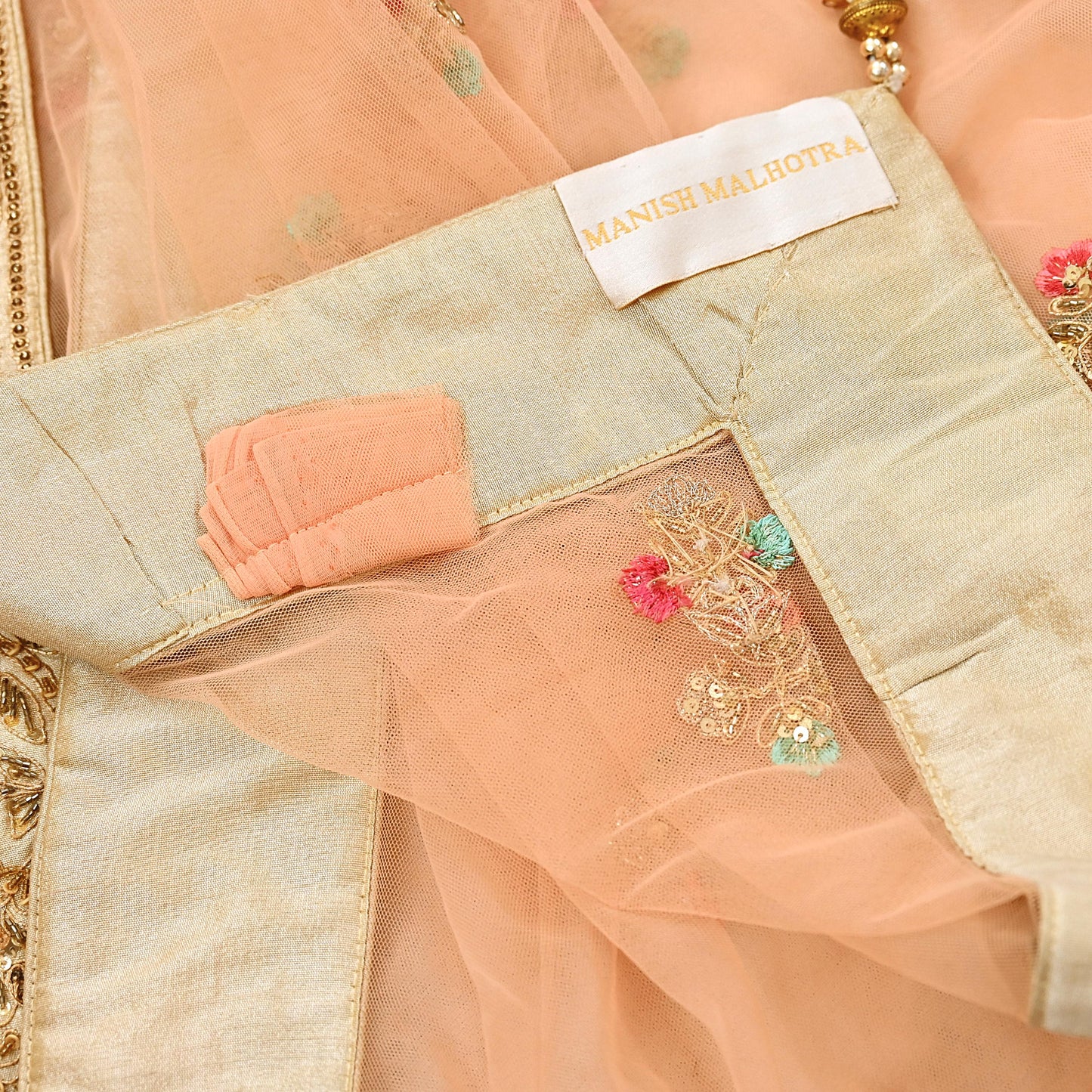Indian Designer Abu Jani Dupatta Peach Net Mesh Hand Embroidered Mirror Bridal Veil Preowned Heavy Scarf