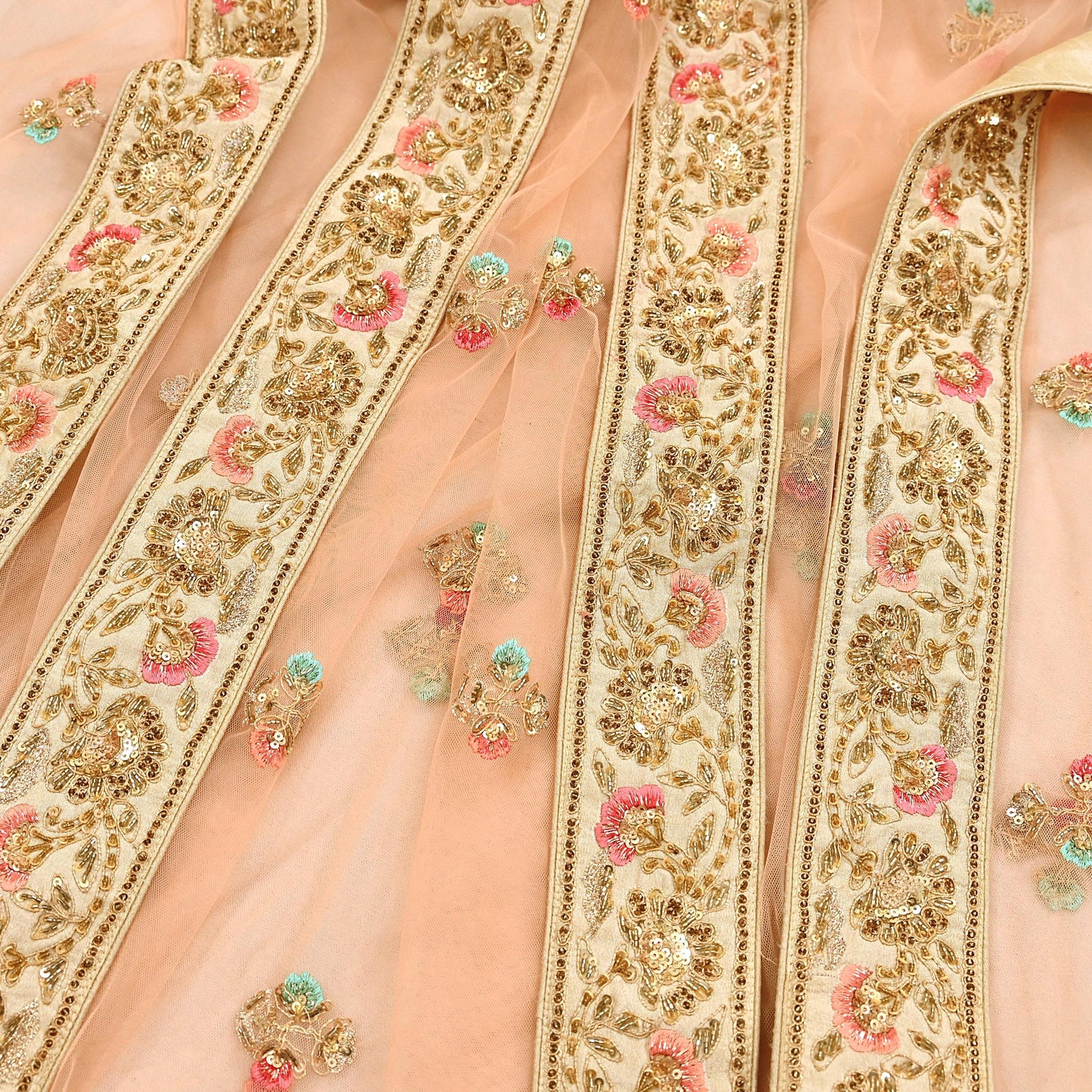 Indian Designer Abu Jani Dupatta Peach Net Mesh Hand Embroidered Mirror Bridal Veil Preowned Heavy Scarf