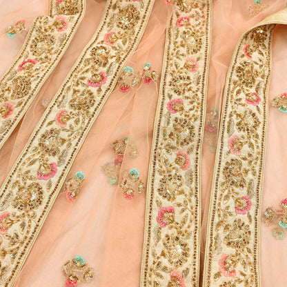 Indian Designer Abu Jani Dupatta Peach Net Mesh Hand Embroidered Mirror Bridal Veil Preowned Heavy Scarf