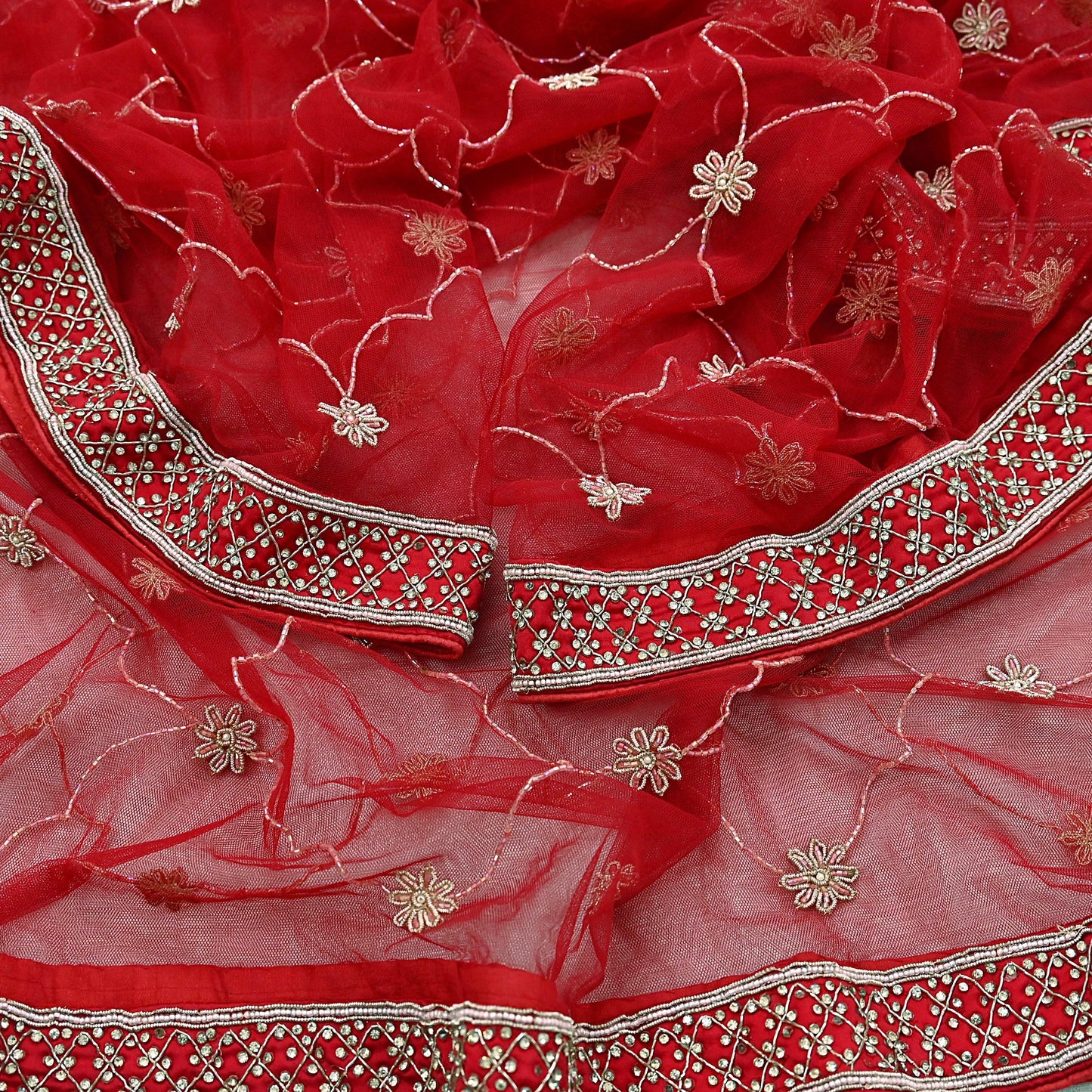 Indian Vintage Heavy Wedding Red Net/Mesh/ Velvet Hand Embroidered Dupatta Designer By Anamika Khanna Bridal Wear Dabka Zardozi Veil Hijab
