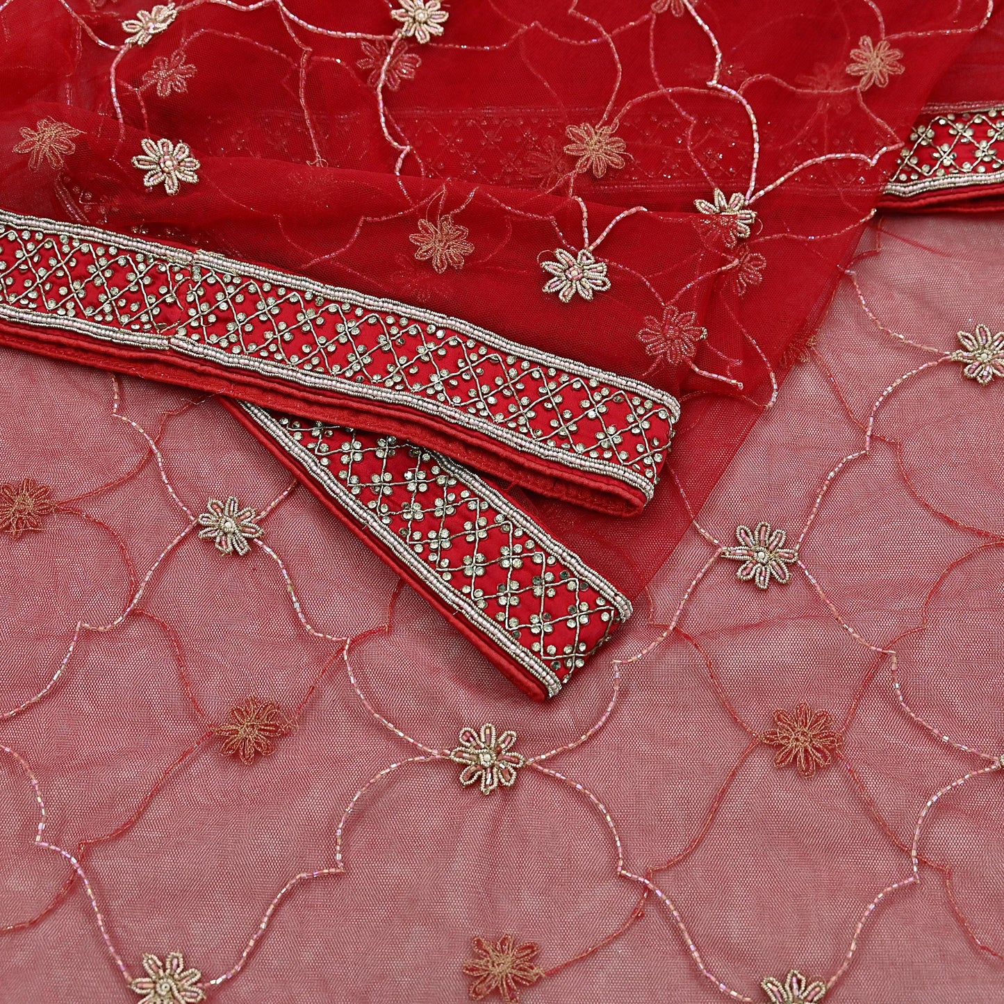 Indian Vintage Heavy Wedding Red Net/Mesh/ Velvet Hand Embroidered Dupatta Designer By Anamika Khanna Bridal Wear Dabka Zardozi Veil Hijab