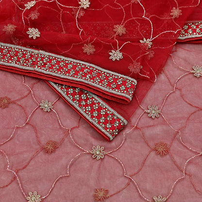 Indian Vintage Heavy Wedding Red Net/Mesh/ Velvet Hand Embroidered Dupatta Designer By Anamika Khanna Bridal Wear Dabka Zardozi Veil Hijab