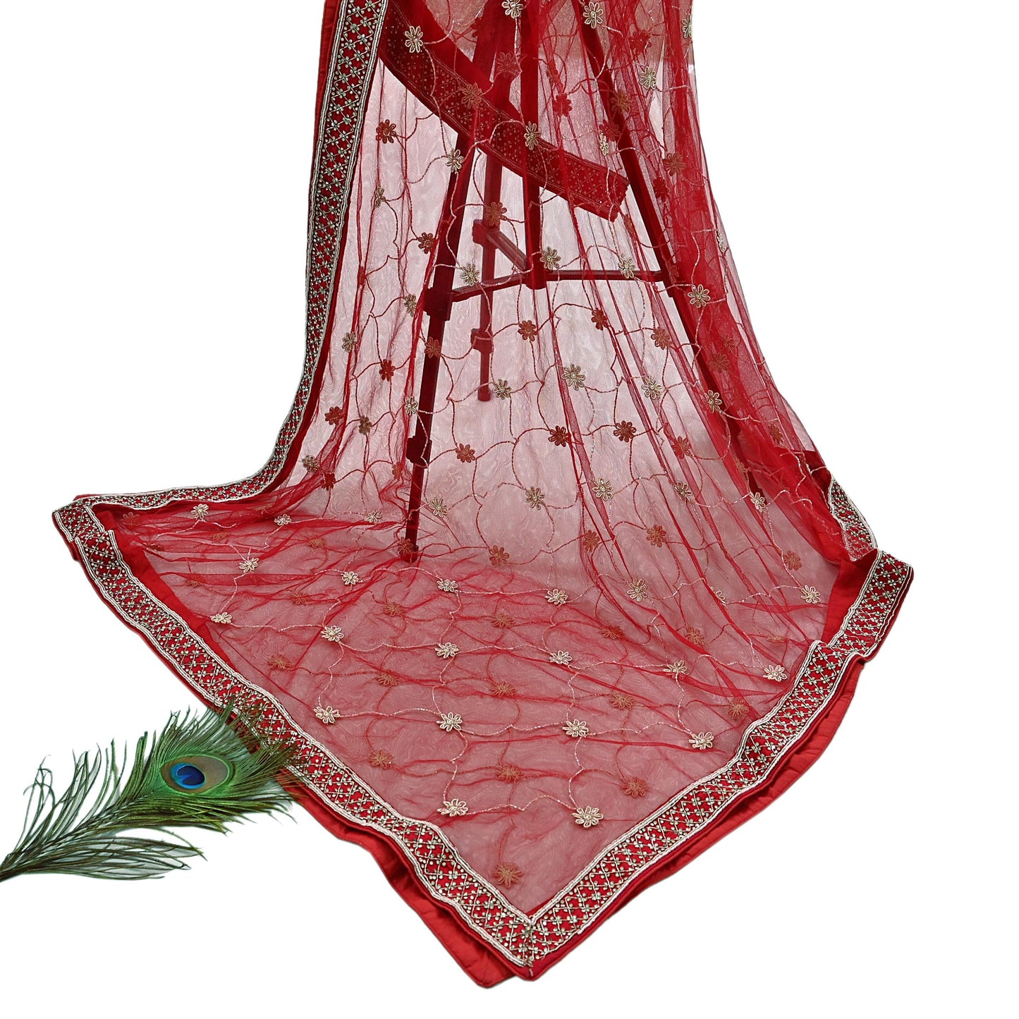 Indian Vintage Heavy Wedding Red Net/Mesh/ Velvet Hand Embroidered Dupatta Designer By Anamika Khanna Bridal Wear Dabka Zardozi Veil Hijab