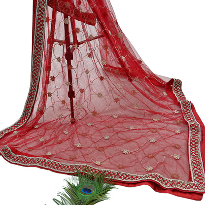 Indian Vintage Heavy Wedding Red Net/Mesh/ Velvet Hand Embroidered Dupatta Designer By Anamika Khanna Bridal Wear Dabka Zardozi Veil Hijab