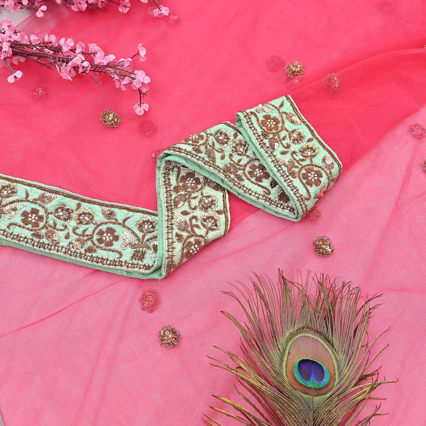 Indian Heavy Wedding Dupatta Pink Net Long Stole Hand Embroidered By Designer Sabyasachi Scarves Zardozi Bridal Veil