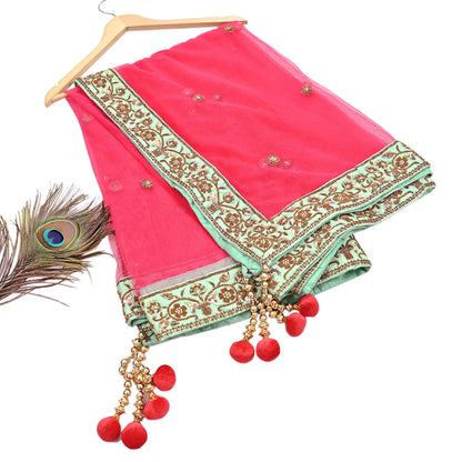 Indian Heavy Wedding Dupatta Pink Net Long Stole Hand Embroidered By Designer Sabyasachi Scarves Zardozi Bridal Veil