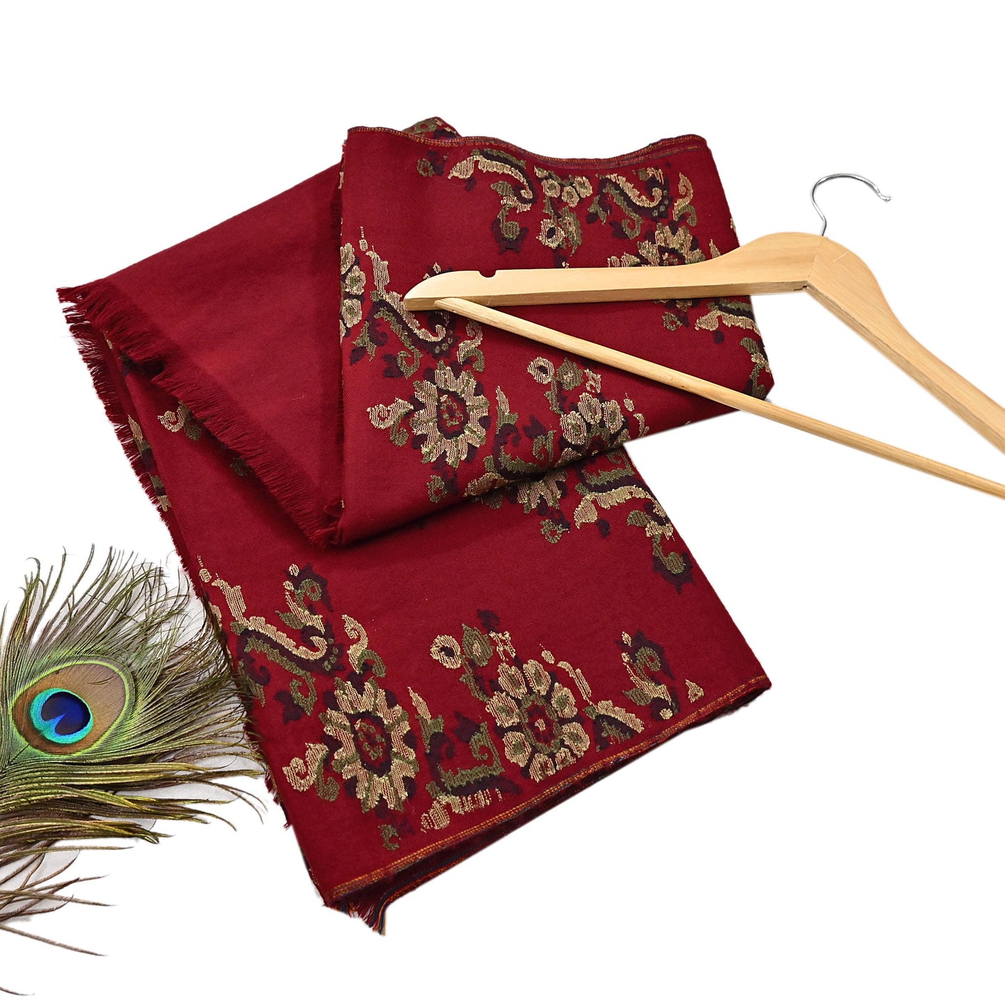 Indian Vintage Dark Red Pure Woolen Shawl Handmade Woven Jamawar Work Long Throw Stole Warm Floral Design Soft