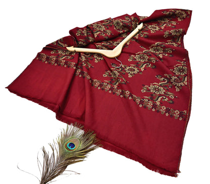 Indian Vintage Dark Red Pure Woolen Shawl Handmade Woven Jamawar Work Long Throw Stole Warm Floral Design Soft