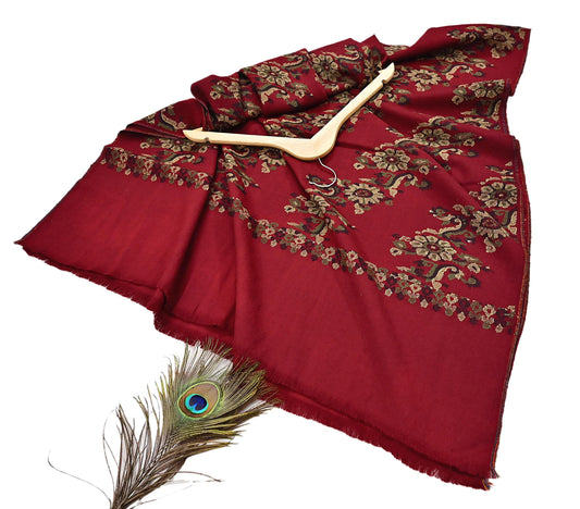 Indian Vintage Dark Red Pure Woolen Shawl Handmade Woven Jamawar Work Long Throw Stole Warm Floral Design Soft
